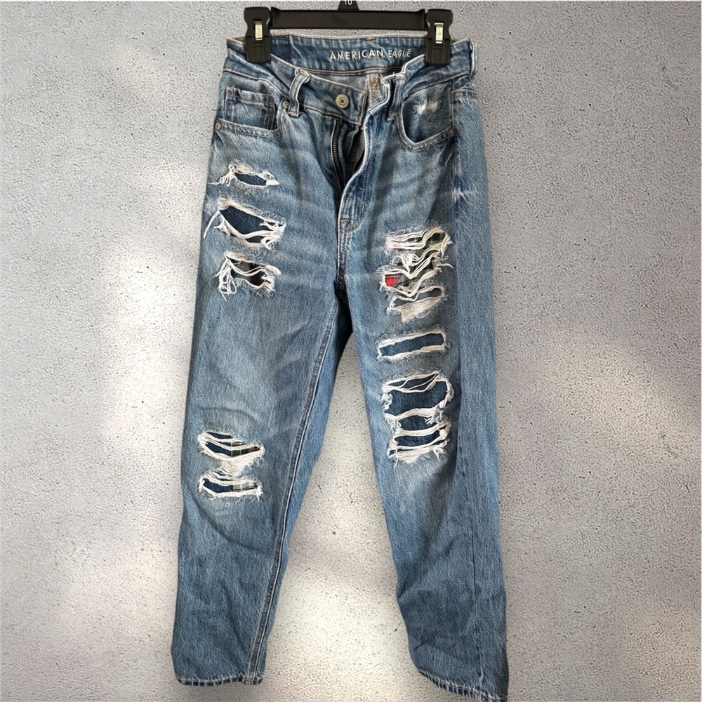American Eagle Plaid Patch Distressed Mom Straight Jeans